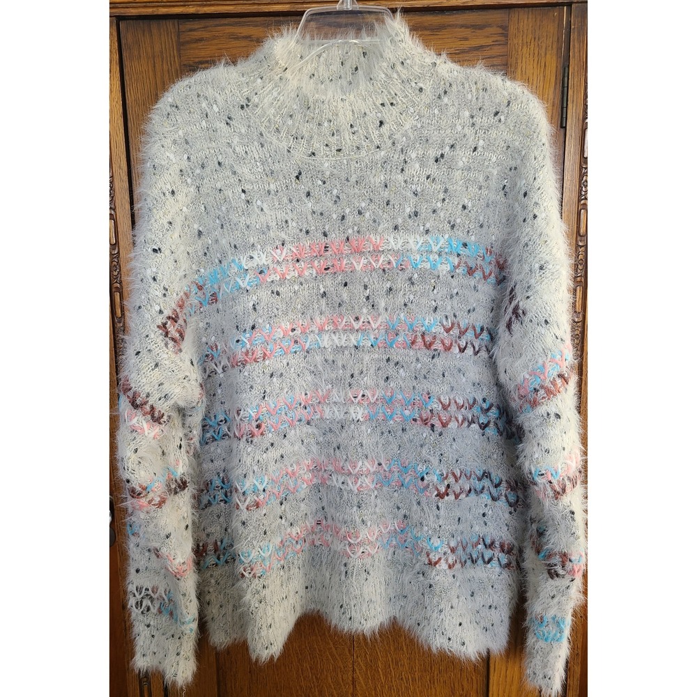 Maurices Eyelash Knit Sweater Womens XXL Gray Fair Isle Shimmer Mock Neck Fuzzy
